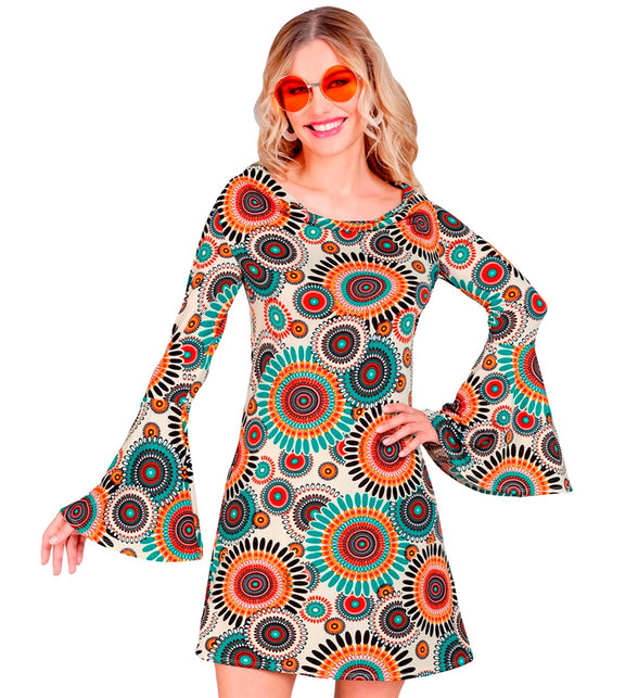 Retro jaren 70 vintage jurk dames - sixties flower power verkleedjurk