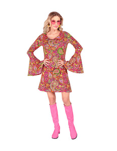 Jaren 70 jurk paisley dames - retro flower power verkleedjurk met paisleyprint