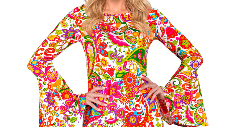 Jaren 70 jurk peace party dames - retro flower power verkleedjurk met peace print