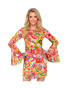 Jaren 70 jurk peace party dames - retro flower power verkleedjurk met peace print