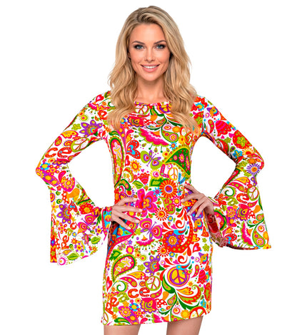 Jaren 70 jurk peace party dames - retro flower power verkleedjurk met peace print
