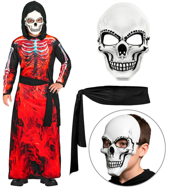 Magere Hein gewaad jongens met los wit halfmasker en zwarte stoffen riem uit de set