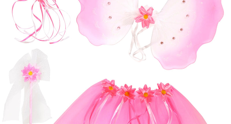 Bloemenfee set Milou kind, tutu met vleugels haarband en toverstaf vooraanzicht