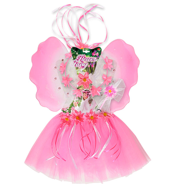 Bloemenfee verkleedset kind compleet, tutu vleugels feenstaf haarband