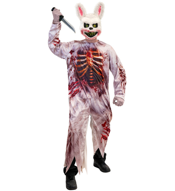 Zombie konijn jumpsuit heren met ribbenkastprint en wit konijnenmasker voor Halloween