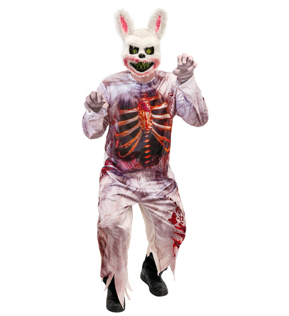 Heren in zombie konijn jumpsuit met openliggende ribbenkastprint op de borst