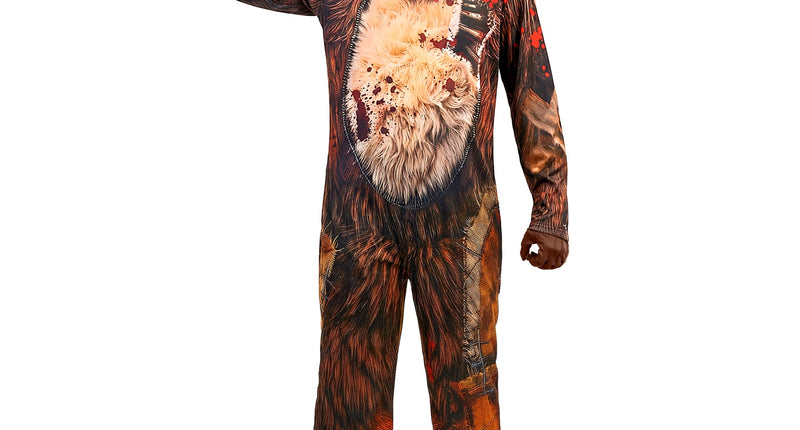 Zombie beer jumpsuit jongens in bruin met rode strik en pluche berenmasker voor Halloween