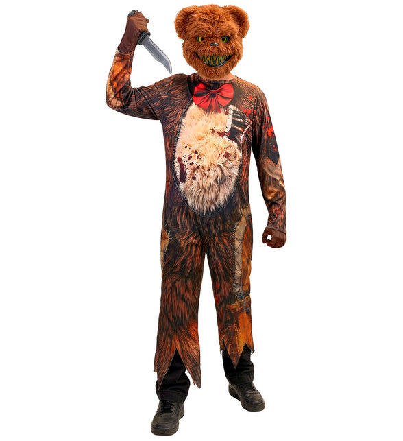 Zombie beer jumpsuit jongens in bruin met rode strik en pluche berenmasker voor Halloween