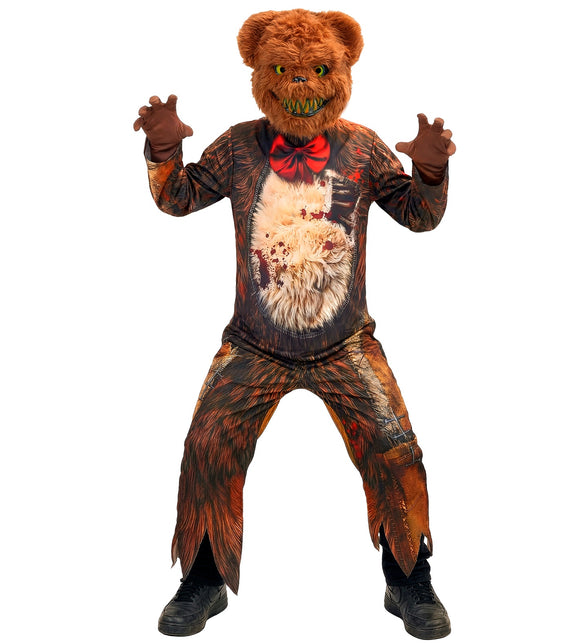 Zombie beer jumpsuit voor jongens vooraanzicht met opengereten buikprint en gerafelde pijpen