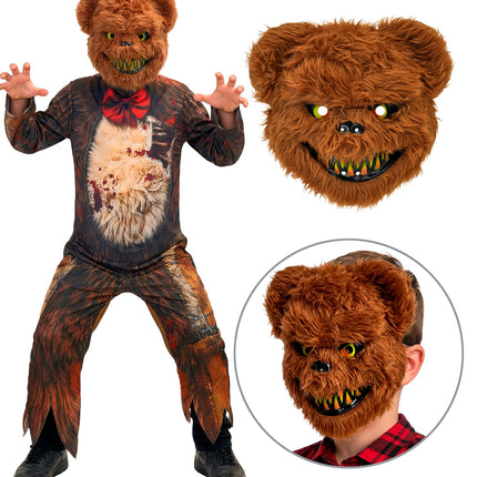 Berenmasker van de zombie beer jumpsuit met gele ogen en tandenrij, los en gedragen