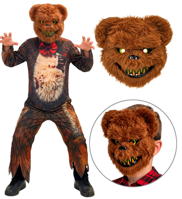 Berenmasker van de zombie beer jumpsuit met gele ogen en tandenrij, los en gedragen