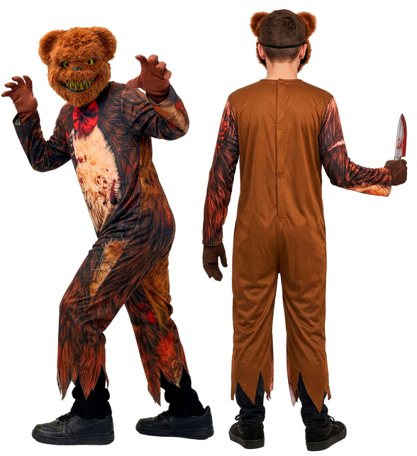 Achterkant van de zombie beer jumpsuit jongens, effen bruin met sluiting op de rug