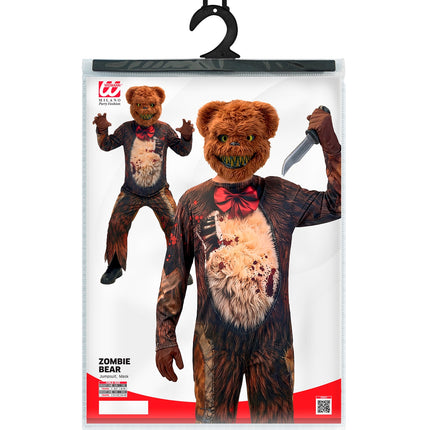 Verpakking zombie beer kinderkostuum met jumpsuit en masker in maten 128 tot 164 cm