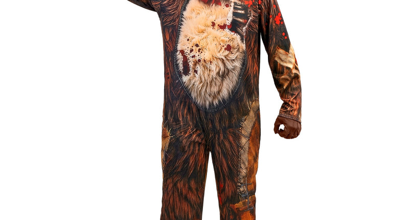 Zombie beer jumpsuit heren in bruin met rood vlinderdasje en pluche beermasker voor Halloween