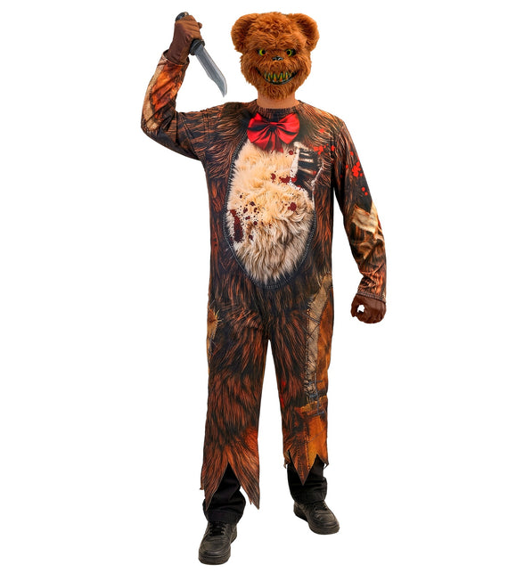 Zombie beer jumpsuit heren in bruin met rood vlinderdasje en pluche beermasker voor Halloween