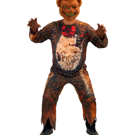 Horrorbeer jumpsuit heren met opengereten buikprint en rode strik, horrorthemafeest