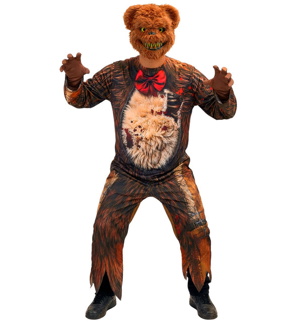 Horrorbeer jumpsuit heren met opengereten buikprint en rode strik, horrorthemafeest