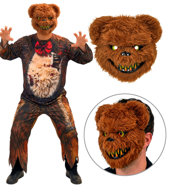 Beermasker van de zombie beer jumpsuit, bruin pluche met gele ogen en getande grijns