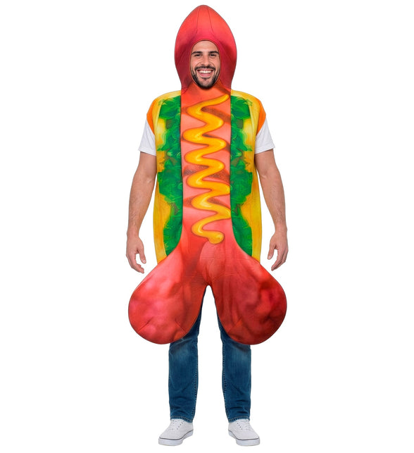 Hotdogtuniek heren rechtop gedragen, met gele mosterdzigzag over de rode worst
