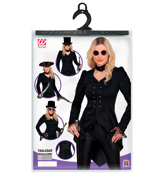 Verpakking van de zwarte gothic slipjas dames met maattabel XS tot XL