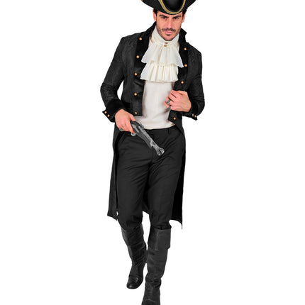 Victorian jas heren zwart gecombineerd met wit ruche-hemd voor een piratenlook
