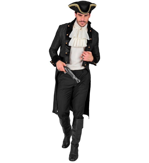 Victorian jas heren zwart gecombineerd met wit ruche-hemd voor een piratenlook