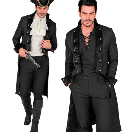 Victorian jas heren zwart met brokaatmotief en gouden knopen, twee draagvarianten voor een piratenfeest