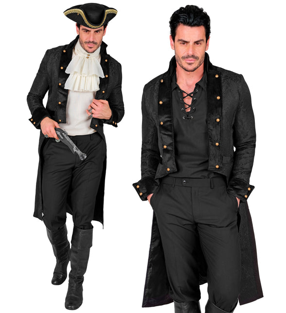 Victorian jas heren zwart met brokaatmotief en gouden knopen, twee draagvarianten voor een piratenfeest