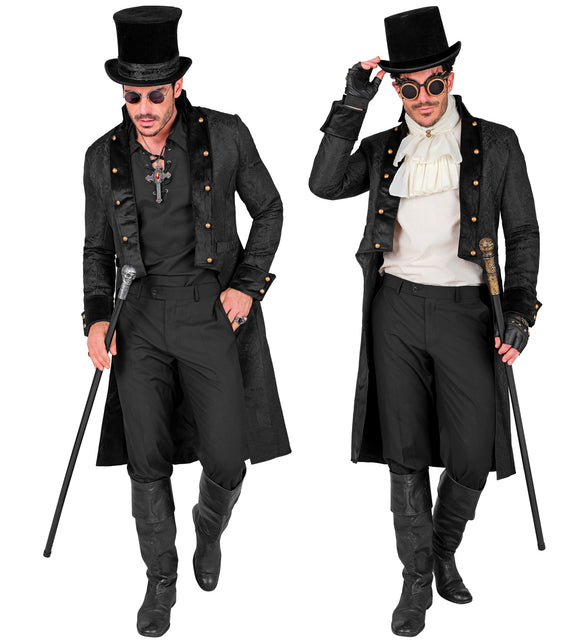 Zwarte victorian jas met fluwelen revers en lange achterpanden, gedragen in een gothic look