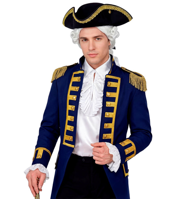 Jabotshirt wit heren onder een blauw uniformjasje, adellijke look voor themafeest
