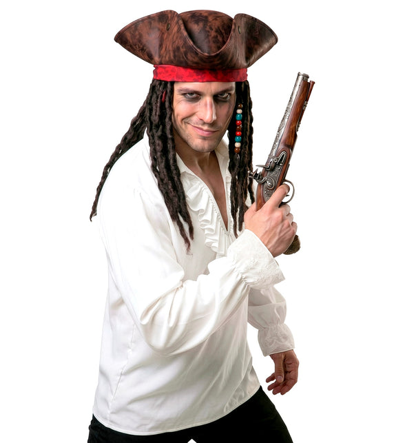 Wit herenshirt met jabot en kanten manchetten in piratenstijl, halfopen kraag