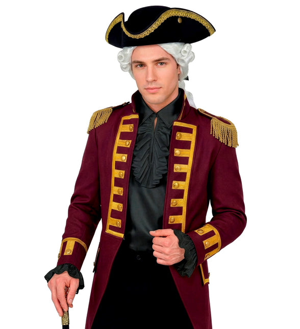 Zwart jabot shirt heren onder een historische uniformjas met krulpruik en steek