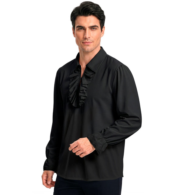 Zwart jabot shirt heren zijaanzicht met lange mouwen en geborduurde manchetten
