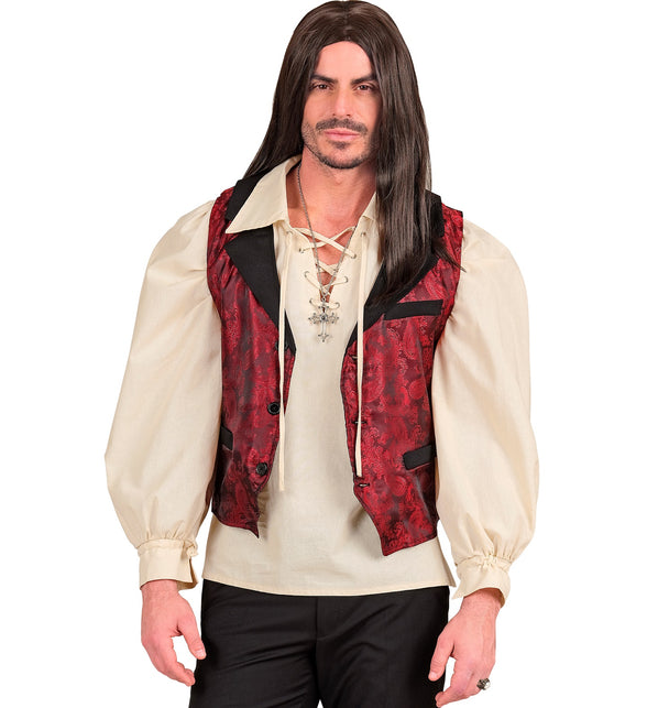 Beige veterhemd heren gecombineerd met rood-zwart vest voor een historische edelmanlook