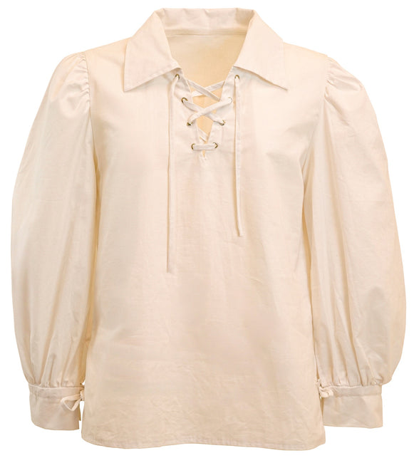 Piraten shirt beige zonder model: katoenen hemd met veterhals, metalen ringen en manchetbandjes