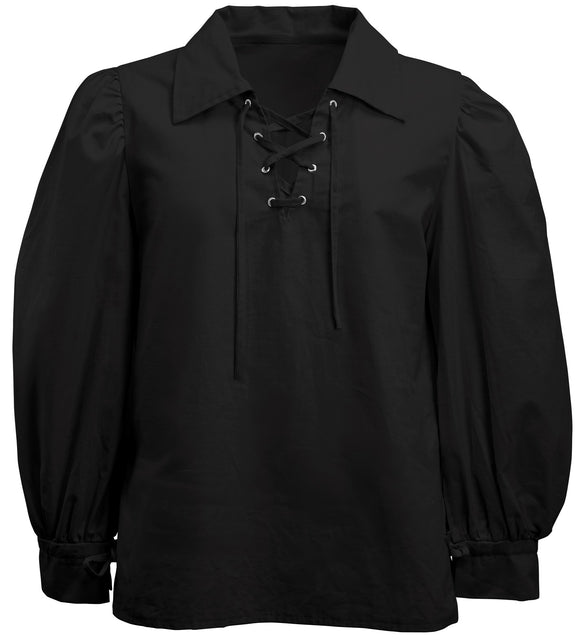Zwart shirt met spitse kraag, rijgsluiting en manchetten met bandje, productfoto