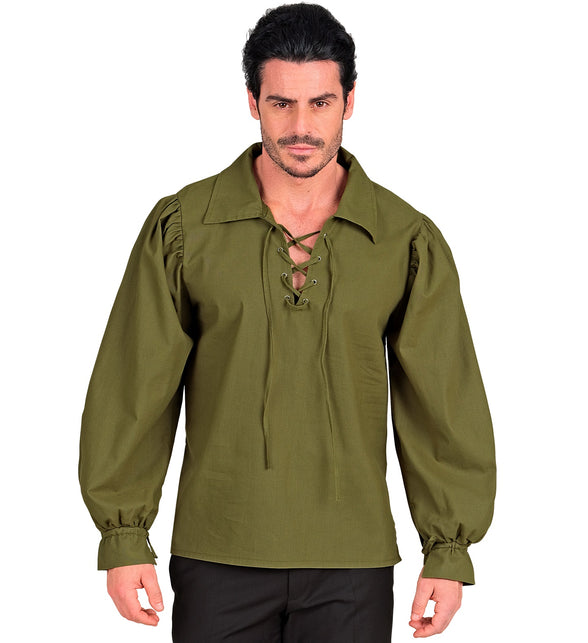 Olijfgroen herenshirt met brede puntkraag en geveterde hals, vooraanzicht op model