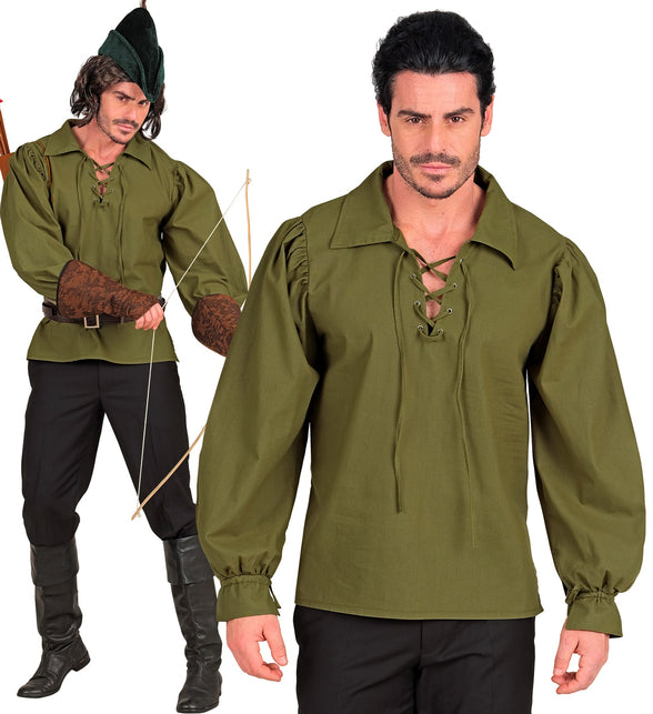 Middeleeuws shirt groen heren met veterhals en pofmouwen, gedragen bij een boogschutterslook