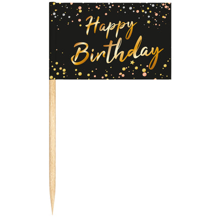 24 cocktailprikkers Happy Birthday met zwart vlaggetje, gouden schrijfletters en stipjes voor de verjaardag