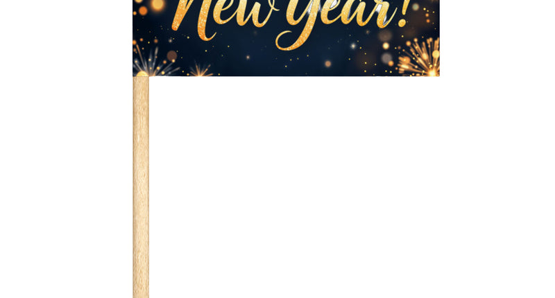 24 cocktailprikkers Happy New Year, zwart vlaggetje met gouden vuurwerk en sierletters voor oud en nieuw