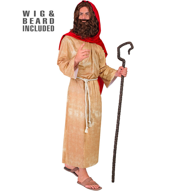 Messias tuniek heren in goudkleur met rode hoofddoek, koordriem en bruine pruik met baard