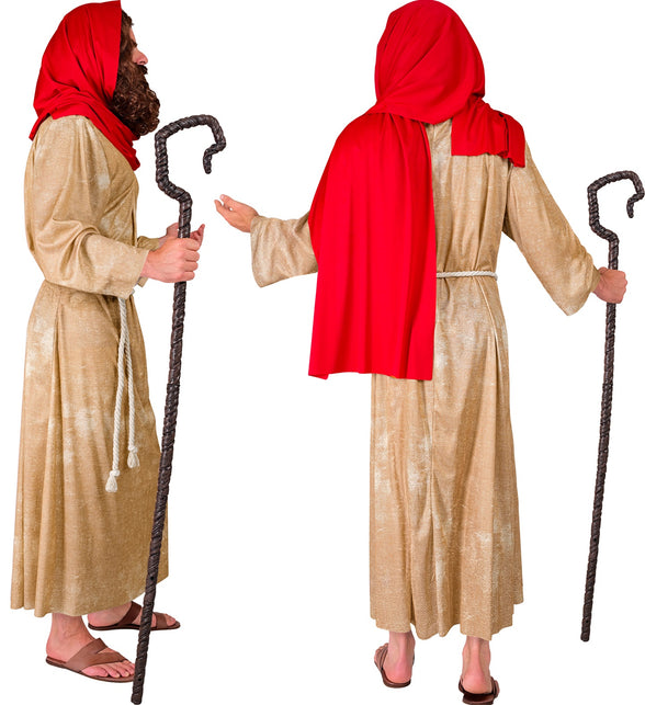 Achterkant messias tuniek heren met lange rode sjaal over het goudkleurige gewaad