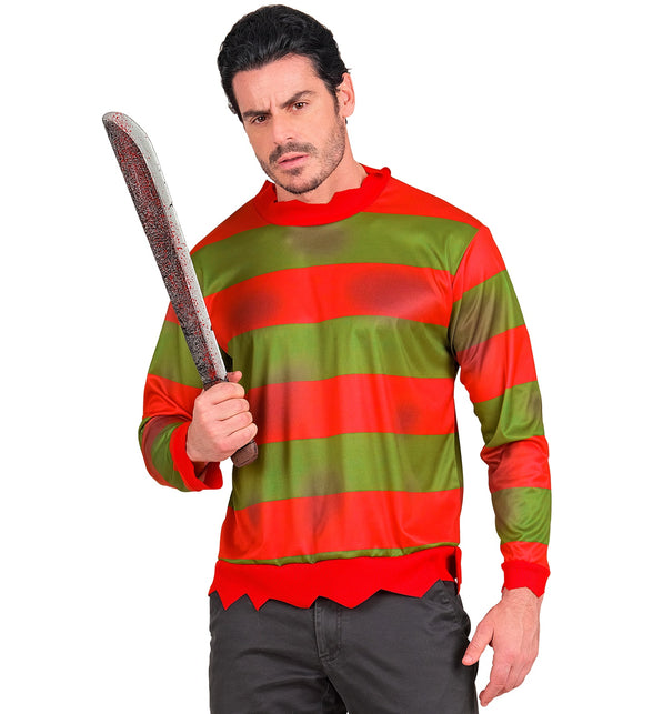 Vooraanzicht fright night shirt met vlekkerige groene banen en rode ribboord aan hals en mouwen