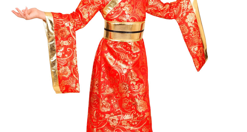 Kimono jurk meisjes rood met gouden bloemenprint en gouden obi-riem, lange verkleedjurk