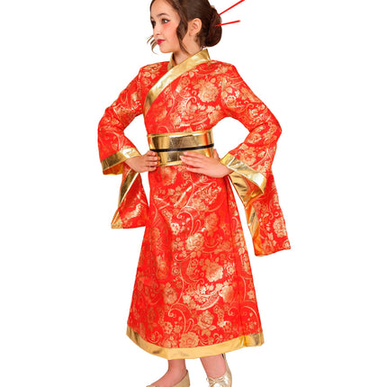 Kimono jurk meisjes zijaanzicht met brede gouden taillenband en gouden zoom
