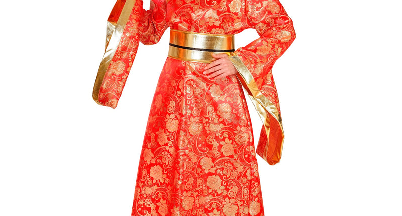 Kimono jurk dames in rood met gouden bloemenprint en brede goudkleurige band, vooraanzicht