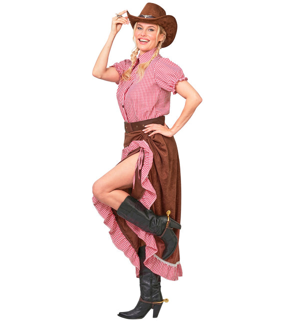 Cowgirl kostuum dames van de zijkant, opgenomen bruine rok met geruite ruche