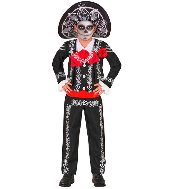 Zwart mariachi Día de los Muertos pak jongens met wit krulmotief en witte mouwruches