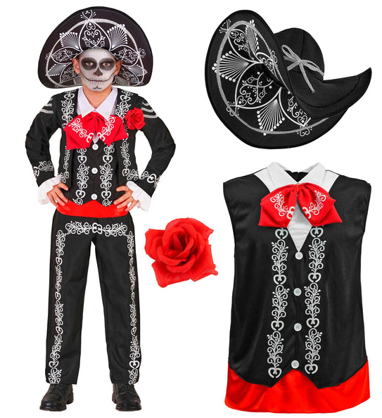 Mariachi kostuum jongens met losse sombrero, rode roos en gilet met rode taillerand
