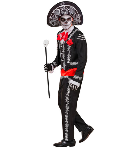 Mariachi Día de los Muertos kostuum heren zijaanzicht met kort colbert en rode ceintuurband